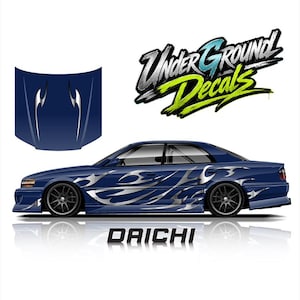 May include: A dark blue sedan featuring silver tribal-style flame decals along the side and hood. The car has dark multi-spoke wheels and a low-profile body kit. The text "UnderGround Decals" appears in the top right, and "DAICHI" is below the car.