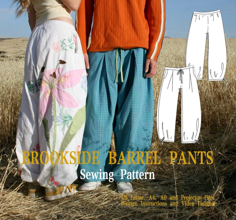 May include: Image of two people wearing handmade barrel pants. One person wears a white skirt with a large floral design, and the other wears blue plaid pants. The image also shows a sewing pattern with the text "BROOKSIDE BARREL PANTS Sewing Pattern."