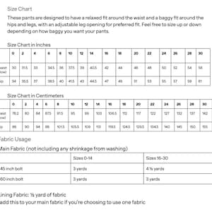 May include: A size chart for pants, detailing waist and hip measurements in inches from size 0 to 30. Includes fabric usage information for 45-inch and 60-inch bolts, and lining fabric requirements.