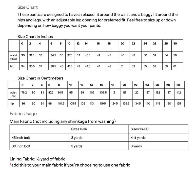 May include: A size chart for pants, detailing waist and hip measurements in inches from size 0 to 30. Includes fabric usage information for 45-inch and 60-inch bolts, and lining fabric requirements.