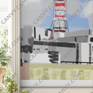 Peut inclure: Peinture abstraite d'une structure industrielle avec une haute tour à rayures rouges et blanches. L'œuvre utilise une palette de couleurs sourdes de gris, blanc et vert, sur fond de ciel bleu nuageux. Le style rappelle une aquarelle.