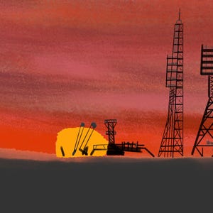 Guerra fredda Download digitale Opera d'arte Stilizzata Realismo Tramonto Kazakistan sovietico URSS Baikonur Decorazione murale Opera d'arte brutalista