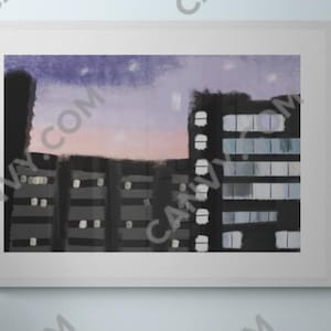 May include: An abstract cityscape painting in a white frame. The artwork depicts dark buildings with lit windows against a dusky sky of purple, pink, and blue hues. The style is reminiscent of a watercolor painting.