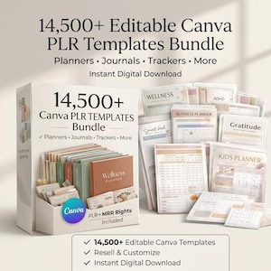 Peut inclure: Une bo&icirc;te blanche pr&eacute;sente un ensemble de 14 500+ mod&egrave;les Canva PLR modifiables. L'ensemble comprend des planificateurs, des journaux et des trackers. La bo&icirc;te contient divers mod&egrave;les, dont un planificateur de bien-&ecirc;tre et un planificateur d'affaires. Le texte sur la bo&icirc;te indique "T&eacute;l&eacute;chargement num&eacute;rique instantan&eacute;."