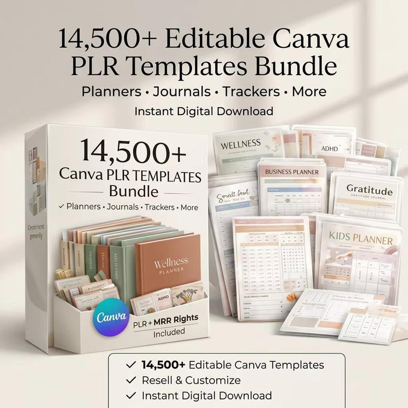 Peut inclure: Une bo&icirc;te blanche pr&eacute;sente un ensemble de 14 500+ mod&egrave;les Canva PLR modifiables. L'ensemble comprend des planificateurs, des journaux et des trackers. La bo&icirc;te contient divers mod&egrave;les, dont un planificateur de bien-&ecirc;tre et un planificateur d'affaires. Le texte sur la bo&icirc;te indique "T&eacute;l&eacute;chargement num&eacute;rique instantan&eacute;."