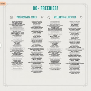 Peut inclure: Un planificateur num&eacute;rique avec des sections pour les outils de productivit&eacute; et le bien-&ecirc;tre, avec des listes, des trackers et des journaux. Comprend divers mod&egrave;les pour l'&eacute;pargne, les finances et les soins personnels, avec le texte "80+ FREEBIES!"