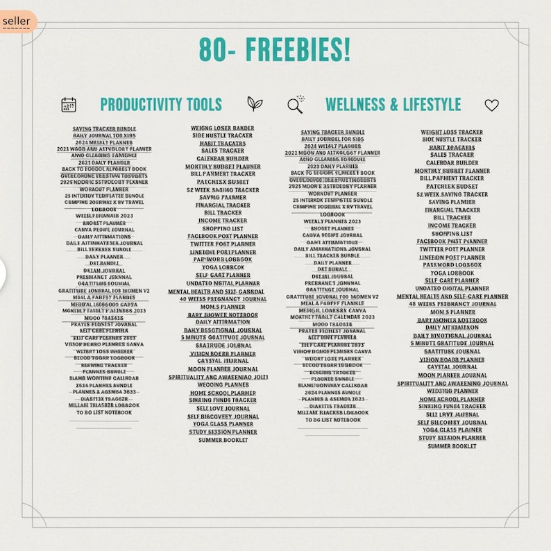 Peut inclure: Un planificateur num&eacute;rique avec des sections pour les outils de productivit&eacute; et le bien-&ecirc;tre, avec des listes, des trackers et des journaux. Comprend divers mod&egrave;les pour l'&eacute;pargne, les finances et les soins personnels, avec le texte "80+ FREEBIES!"