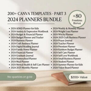 Peut inclure: Image d'un ensemble de planificateurs 2024 avec plus de 200 mod&egrave;les Canva, comprenant des planificateurs ADHD, commerciaux et financiers. Comprend un bonus de 80 cadeaux. Deux planificateurs sont visibles, un marron et un vert.