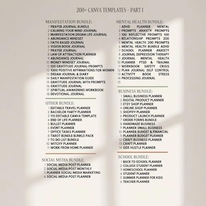 Peut inclure: Pr&eacute;sentation num&eacute;rique de mod&egrave;les Canva. L'image affiche des ensembles pour la manifestation, la sant&eacute; mentale, les affaires, les m&eacute;dias sociaux et l'&eacute;cole. Chaque ensemble comprend de nombreux mod&egrave;les pour diverses applications, tels que des journaux et des planificateurs.