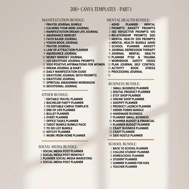 Peut inclure: Pr&eacute;sentation num&eacute;rique de mod&egrave;les Canva. L'image affiche des ensembles pour la manifestation, la sant&eacute; mentale, les affaires, les m&eacute;dias sociaux et l'&eacute;cole. Chaque ensemble comprend de nombreux mod&egrave;les pour diverses applications, tels que des journaux et des planificateurs.
