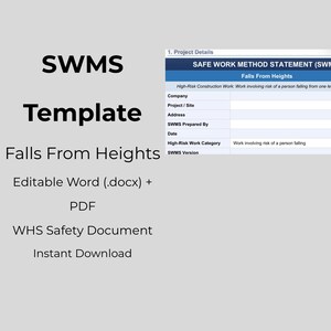 Falls From Heights SWMS Template | Editable Word & PDF (Digital Download) | WHS High‑Risk Work Method Statement