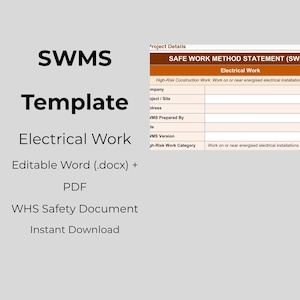 May include: A safety document template for electrical work, featuring the text "SWMS Template Electrical Work." Includes editable Word (.docx) and PDF formats. The document is a WHS Safety Document available for instant download.
