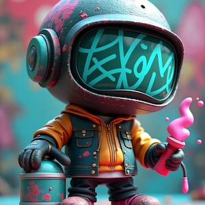 Puede incluir: Una figura estilizada con un casco con una pantalla que muestra graffiti turquesa. La figura lleva una sudadera con capucha amarilla, una chaqueta vaquera azul y guantes negros, sosteniendo un bote de spray turquesa y un aplicador de pintura rosa. La figura está de pie sobre una superficie colorida.