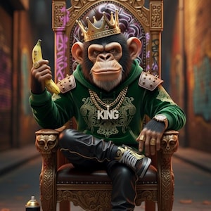 Puede incluir: Un chimpancé con corona dorada, sudadera con capucha verde y cadena de oro con colgante "KING", sentado en un trono dorado, sosteniendo un plátano. La imagen tiene un estilo de arte callejero con graffiti en el fondo.