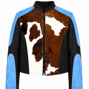 Brown Cowhide Leather Jacket, Blue Patchwork Motorcycle Jacket, Cropped Biker Jacket