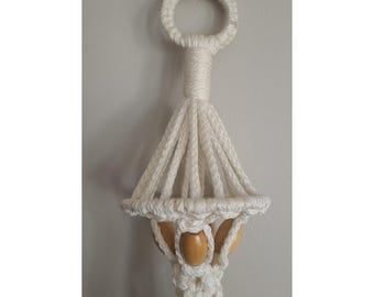 Suspension vintage en macramé, crème, perles de bois, bohème, papillon, céramique, années 70, rétro
