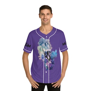 May include: Purple baseball jersey with white trim and a button-up front. The jersey features a colorful graphic of swirling blue, purple, and white smoke. The word "MUM" is printed on the sleeves.