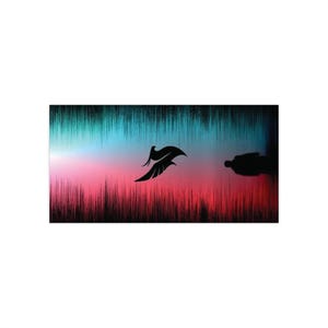 May include: Abstract artwork featuring a black bird silhouette in flight against a backdrop of vertical lines. The background transitions from teal to pink and red, creating a vibrant and dynamic visual effect. A silhouette of a person is on the right.