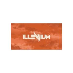 Puede incluir: La palabra "ILLENIUM" en una fuente blanca estilizada con un diseño en forma de ala sobre la "I" se muestra sobre un fondo naranja con una textura nublada. El diseño general es simple y moderno.