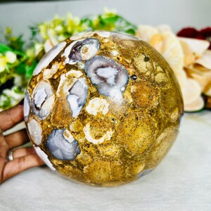 Puede incluir: Una gema esférica pulida con un patrón de mosaico de color beige, blanco y gris. El orbe se sostiene en una mano, mostrando su intrincado diseño natural. La superficie de la piedra tiene una apariencia texturizada.
