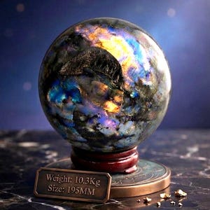 Op de afbeelding: Een gepolijste labradoriet bol met iriserende blauwe en gouden flitsen over het donkere, gevlekte oppervlak. De bol rust op een ronde houten standaard en bevat een metalen plaatje met een gewicht van 10,3 kg en een afmeting van 195 mm.