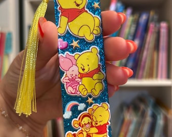 Winnie the Pooh Bookmark with Tassel | Blue Glitter Acrylic Bookmark