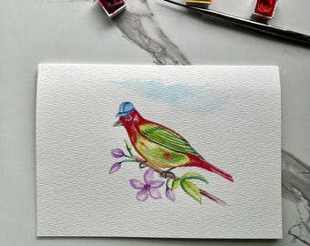 Hand-Painted Summer Tanager Watercolor Greeting Card (5"x7"), Original Bird Art
