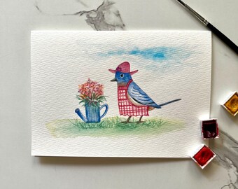 Hand-painted Bluebird Gardening, Watercolor Greeting Card (5"x7"), Original Bird Art