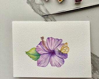 Hand-Painted Hibiscus flower Watercolor Greeting Card: Hibiscus and a butterfly Original Art (5"x7")