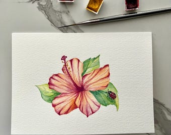 Hand-Painted Hibiscus flower Watercolor Greeting Card: Hibiscus and a Ladybug Original Art (5"x7")