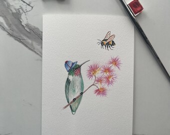 Hand-Painted Hummingbird & a Bee on flowers, Watercolor Greeting Card (5"x7"), Original Bird Art