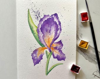 Hand-Painted Iris Watercolor Greeting Card: Original Irish Flower Art (5"x7")