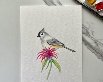 Hand-painted Titmouse bird, Watercolor Greeting Card (5"x7"), Original Bird Art