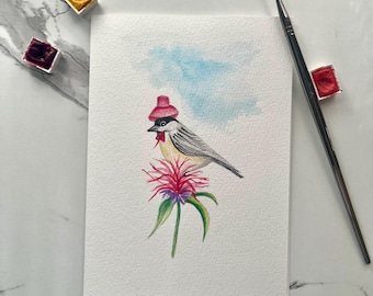 Hand-Painted Chickadee on A Bee Balm, Watercolor greeting Card (5"x7"), Original Bird Art
