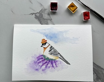 Hand-Painted Chickadee and flowers, Watercolor Greeting Card: Fancy Chickadee, Original Art (5"x7")