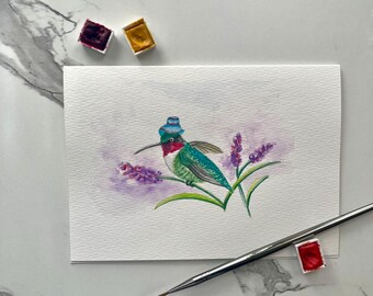 Hand-Painted Hummingbird on flowers, Watercolor Greeting Card (5"x7"), Original Bird Art