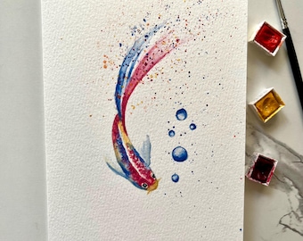 Hand-Painted Koi Fish Watercolor Card: Original Art (5"x7")