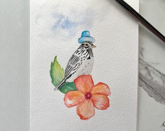 Hand-painted Savannah Sparrow, Watercolor Greeting Card (5"x7"), Original Bird Art