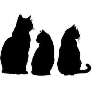 May include: Three black cat silhouettes are arranged against a white background. The cats are in various poses: sitting upright, sitting with a curved back, and sitting with a curled tail. The image is a simple, graphic design.