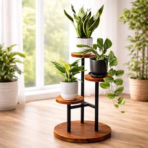 May include: A multi-tiered plant stand with a dark wood finish and black metal supports. The stand holds several potted plants with green foliage. The stand has a round base and three circular shelves.