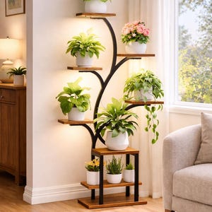 May include: A black metal and wood plant stand with multiple shelves, each holding a white pot with a different plant. The stand has a unique, curved design and is illuminated by small lights. The plants include green leafy plants and flowering plants.