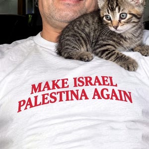 May include: A white t-shirt featuring the red text "MAKE ISRAEL PALESTINA AGAIN" printed across the chest. A small brown and black tabby kitten with grey eyes is resting on the upper portion of the shirt near the neckline.