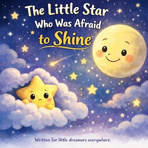 Può includere: Illustrazione di copertina di un libro per bambini. Una stella gialla con un'espressione triste sbuca da una nuvola. Il titolo è "The Little Star Who Was Afraid to Shine". Una luna sorridente e stelle in un cielo notturno.
