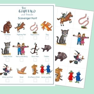 Peut inclure: Une feuille d'activité pour enfants intitulée "The Gruffalo and Friends Scavenger Hunt", avec des illustrations de personnages comme Gruffalo, Highway Rat et Tabby McTat. La feuille comprend des cases à cocher.