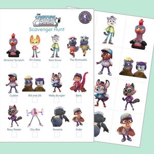 May include: Two white sheets of paper with a colorful "Creature Cases Scavenger Hunt" game. The game features cartoon characters with names like Director Scratch, Kit Casey, and Roxy Raider. The sheets are on a light green background.