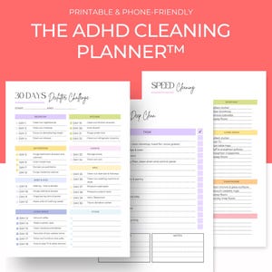 Peut inclure: Un planificateur de nettoyage ADHD imprimable et adapté aux téléphones, avec un défi de désencombrement de 30 jours et des listes de contrôle de nettoyage rapide. Comprend des sections pour la chambre, la salle de bain, la cuisine, le garage et l'espace de vie.