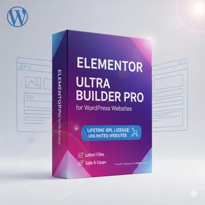 Puede incluir: Una caja de producto para Elementor Ultra Builder Pro para sitios web de WordPress. La caja es un degradado de morado y rosa con texto blanco. La caja incluye el texto "LIFETIME GPL LICENSE UNLIMITED WEBSITES".