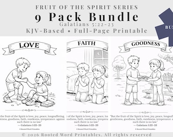Früchte des Geistes Malseiten - 9 Seiten Christian Printable Set (KJV) Homeschool & Sonntagsschule Bibelaktivität für Kinder