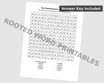 Zehn Gebote Wortsuche - Exodus 20 KJV Druckbare Bibelaktivität mit Antwortschlüssel
