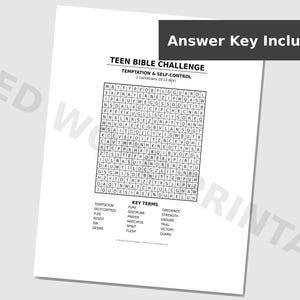 Könnte beinhalten: Ein weißes Papier mit einem Teen Bible Challenge-Suchrätsel. Das Rätsel konzentriert sich auf Versuchung und Selbstbeherrschung, mit unten aufgeführten Schlüsselbegriffen. Die Wörter sind schwarz, und der Titel "Answer Key Included" steht oben.